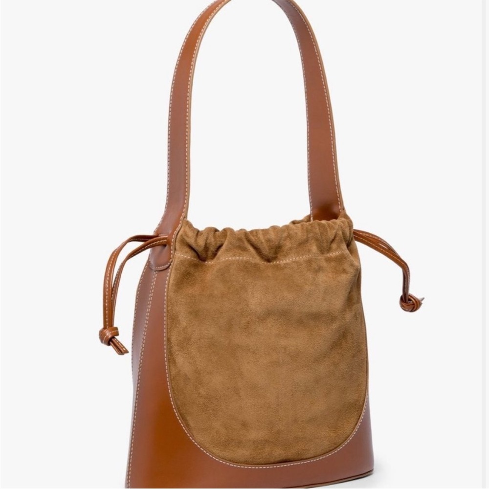 STAUD Cinch Bucket Bag – Tan Suede & Brown Leather Shoulder Tote